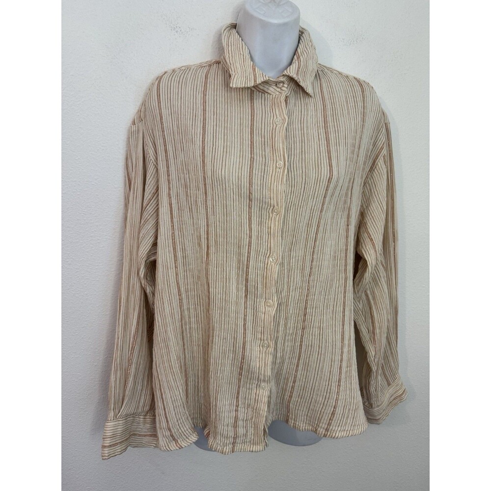 L. O. V Woman's Button Up Shirt Striped Gauzy Cotton Beach Orange Ivory Metallic